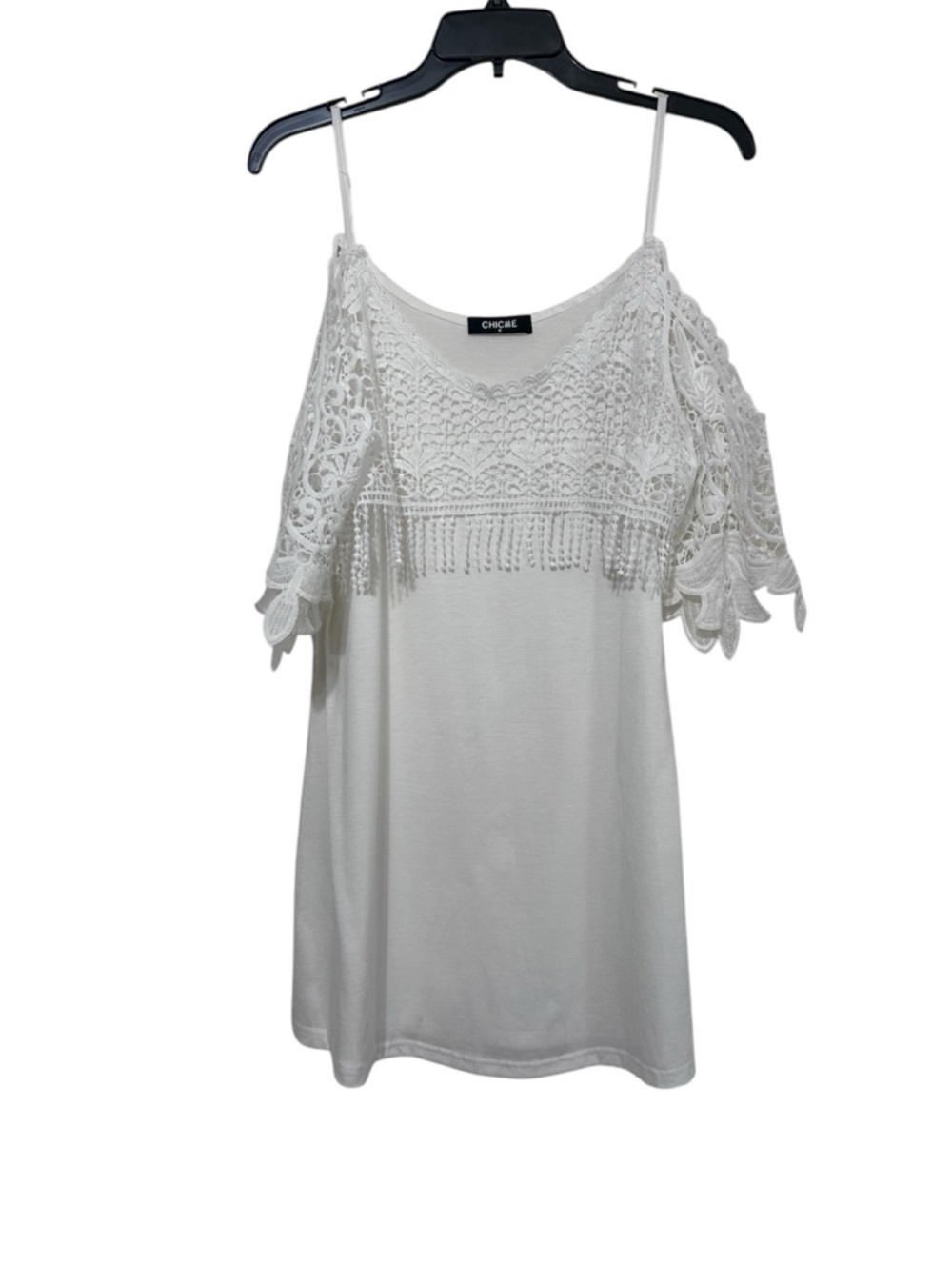 ChicMe White Lace Cold Shoulder Crochet Fringe Mini/Midi Dress Medium